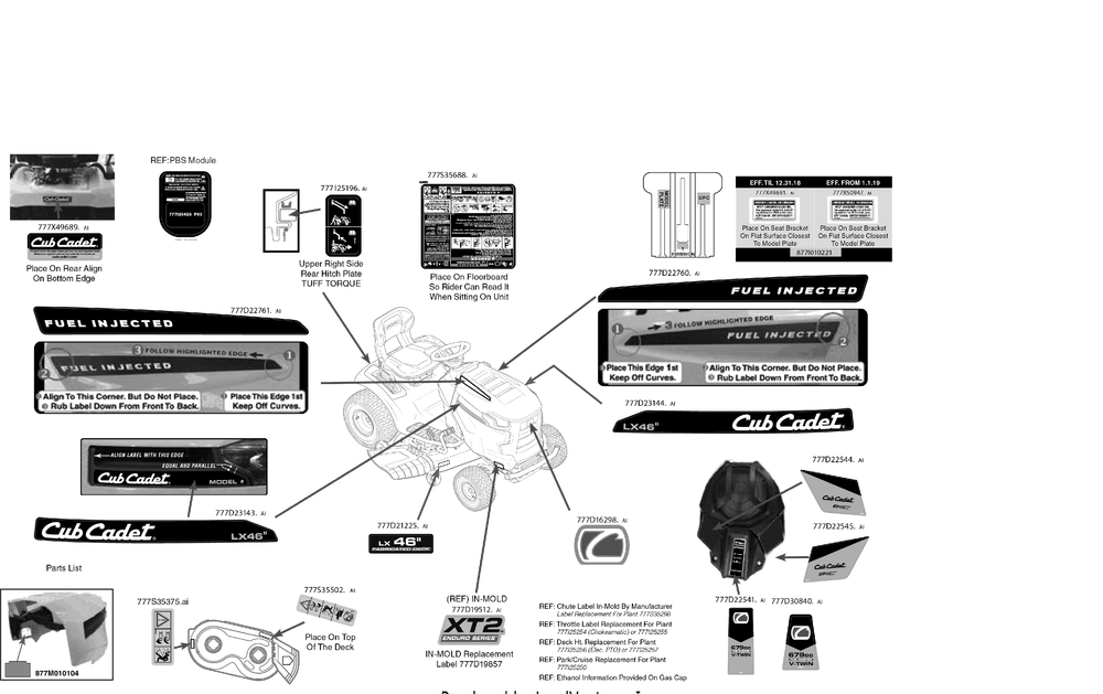 Label Map Diagram and Parts List for XT2-LX46EFI (13AZA1CN010)(2019) Cub Cadet Lawn Tractor